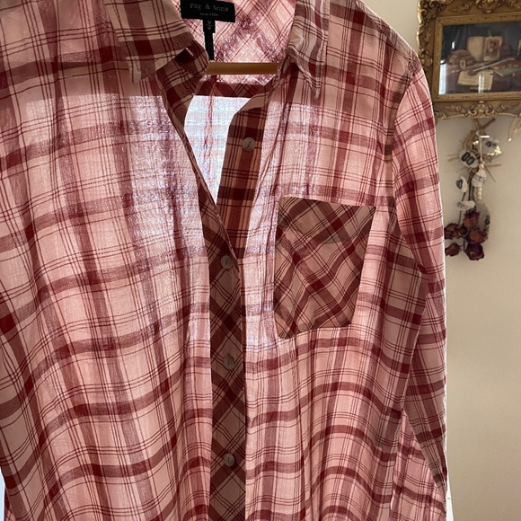 Rag & Bone New York Robbie Pink Red Plaid Button Down Shirt Size Medium - Picture 4 of 14